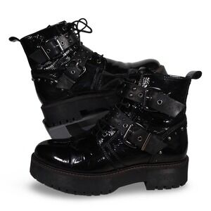 Pajar Canada Mosie Black Patent Leather Buckle Platform Combat Boots Women 7-7.5